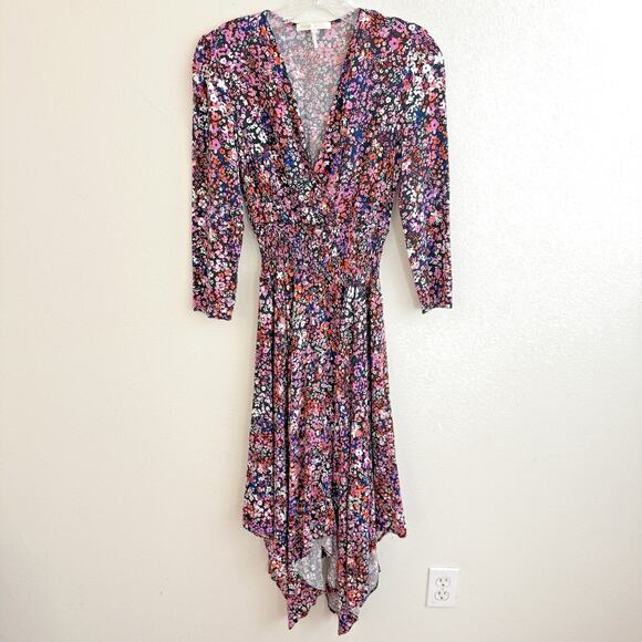 Maje Rayemi Midi Dress Size 36 Noir Rose Floral Print Asymmetric Girly Summer - Picture 3 of 16